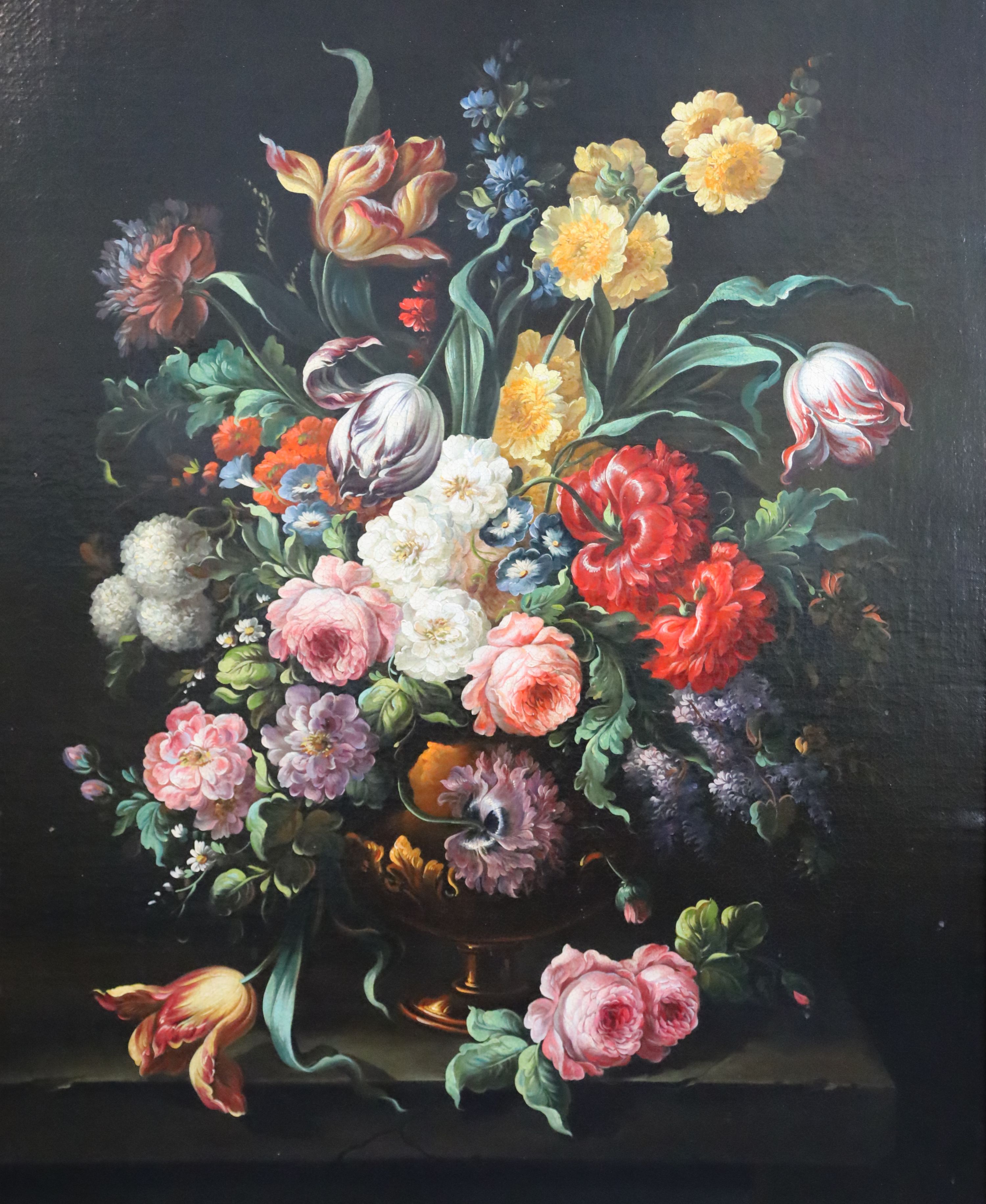 17th century Dutch style Still life of flowers in a vase upon a ledge 35 x 29in.